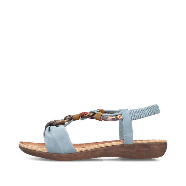 Rieker V7568-14 women's denim blue elasticated sandals with braided strap and cushioned sole.