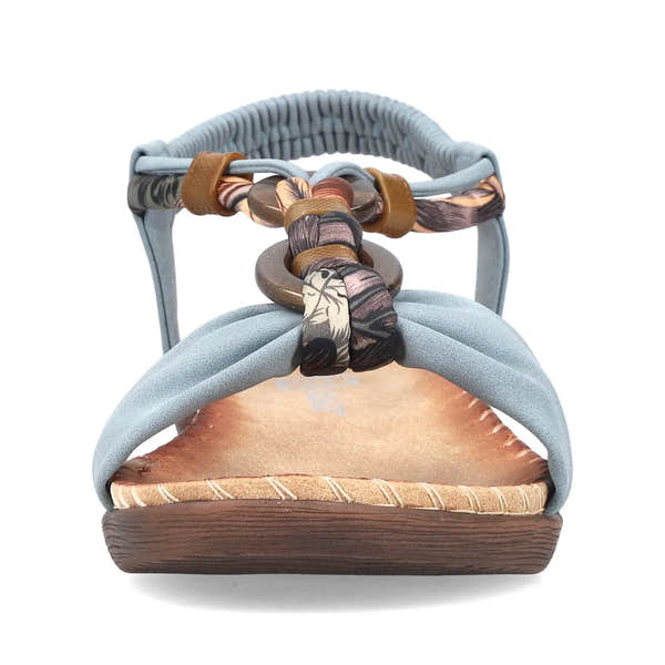Rieker V7568-14 Ladies denim blue elasticated sandals with decorative multicolor chains and comfortable slip-on design.