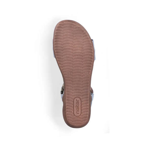 Rieker V7568-14 ladies denim blue elasticated sandals with cushioned sole and slip-on design, featuring a textured rubber outsole.