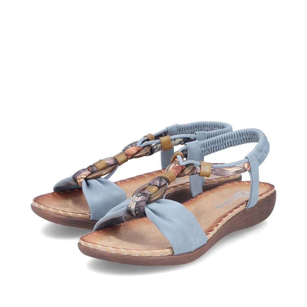Rieker V7568-14 ladies blue denim elasticated sandals with braided straps and comfortable footbed.