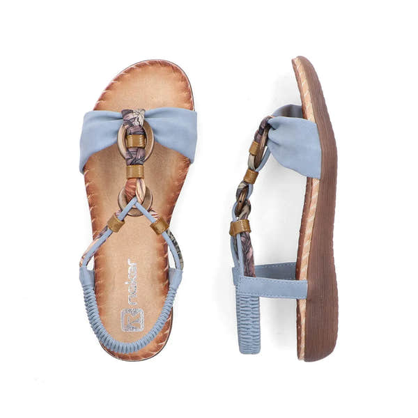Rieker V7568-14 women's denim blue elasticated sandals with braided straps and bow detail, cushioned footbed, and rubber sole.