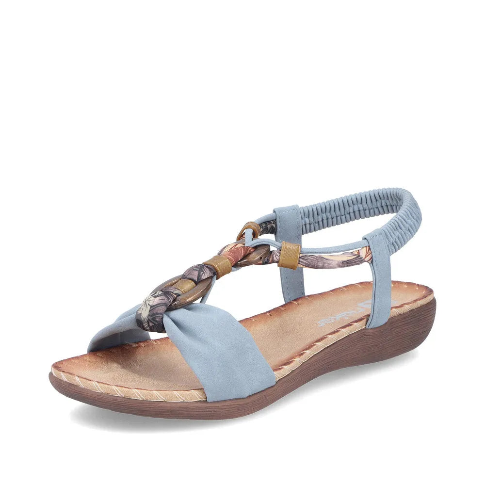 Rieker V7568-14 women's denim blue elasticated sandal with braided straps and cushioned sole.