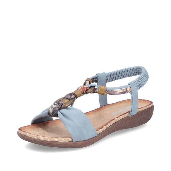 Rieker V7568-14 women's denim blue elasticated sandal with braided straps and cushioned sole.