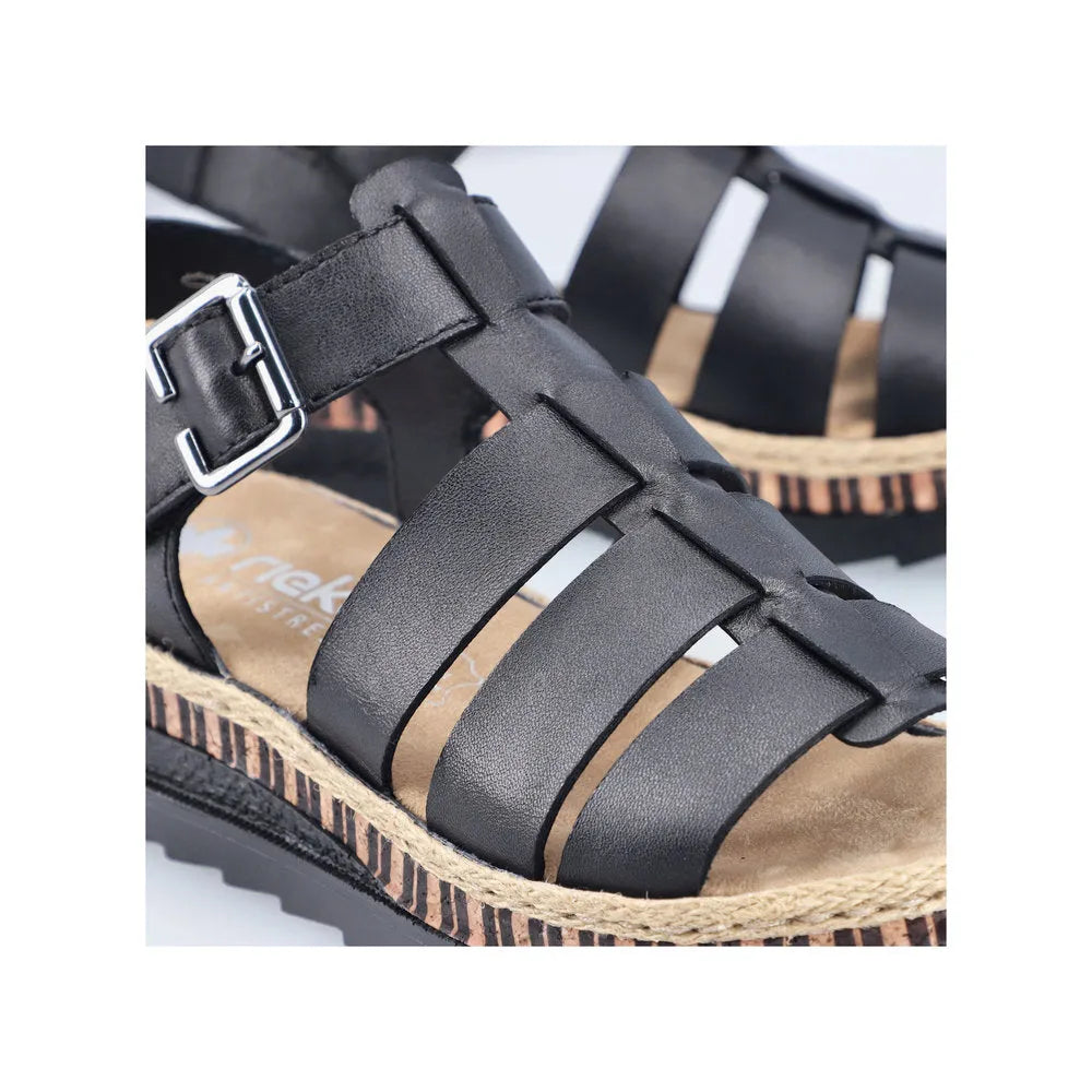 Rieker V7904-00 women's black leather touch fastening sandals with woven jute sole and open toe design.