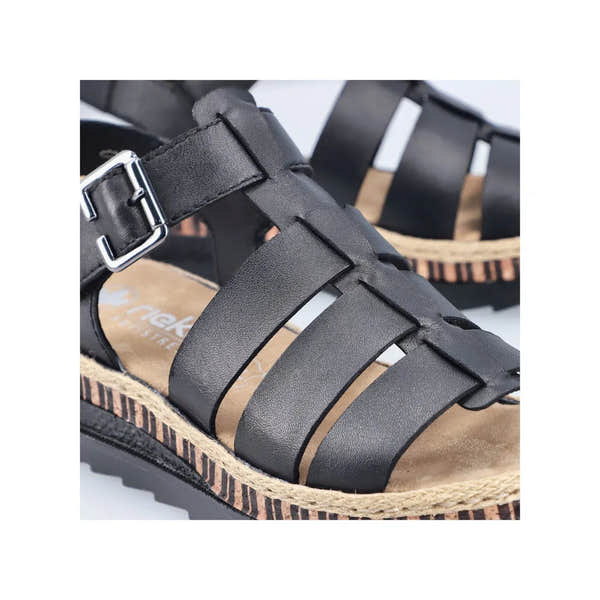 Rieker V7904-00 women's black leather touch fastening sandals with woven jute sole and open toe design.