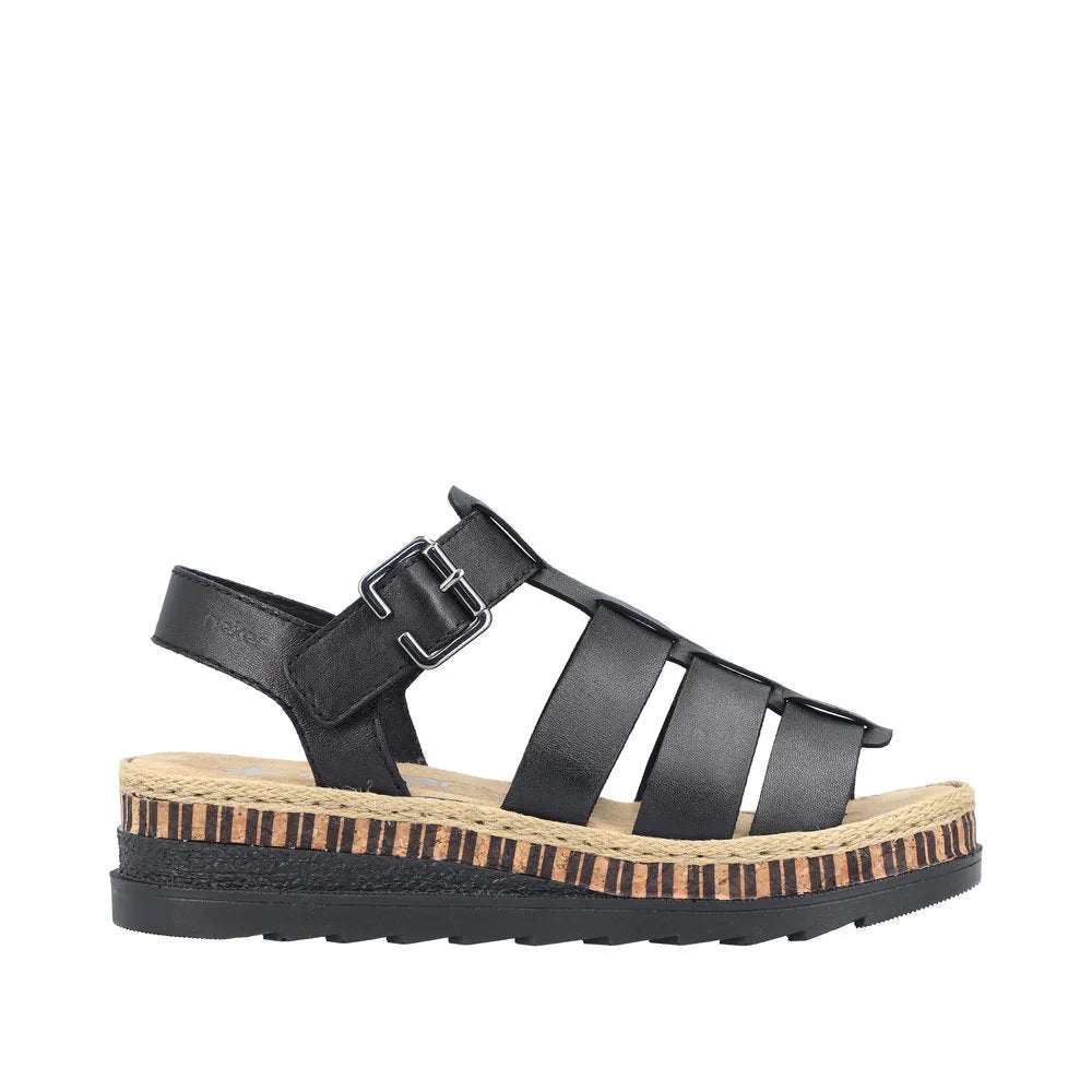Rieker V7904-00 women's black leather touch fastening sandals with wedge sole and striped midsole detail.