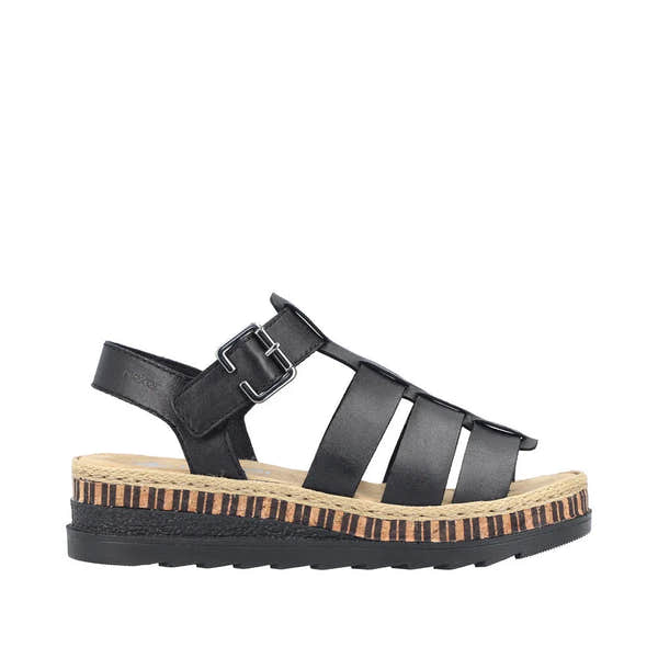 Rieker V7904-00 women's black leather touch fastening sandals with wedge sole and striped midsole detail.