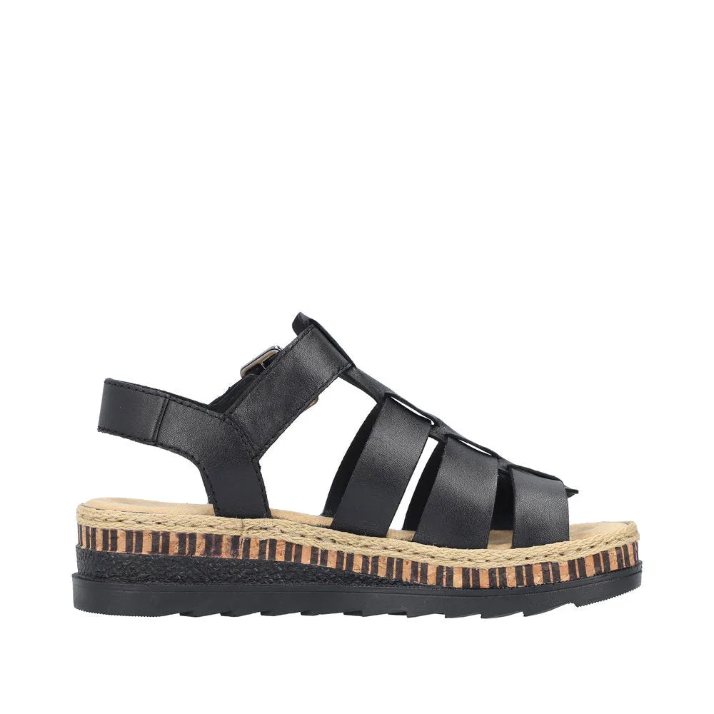 Rieker V7904-00 women's black leather touch fastening sandals with a wedge heel and espadrille-style sole.