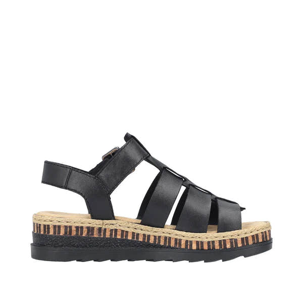 Rieker V7904-00 women's black leather touch fastening sandals with a wedge heel and espadrille-style sole.