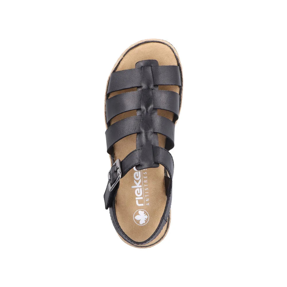 Rieker V7904-00 women's black leather touch fastening sandals with multiple straps and buckle closure.