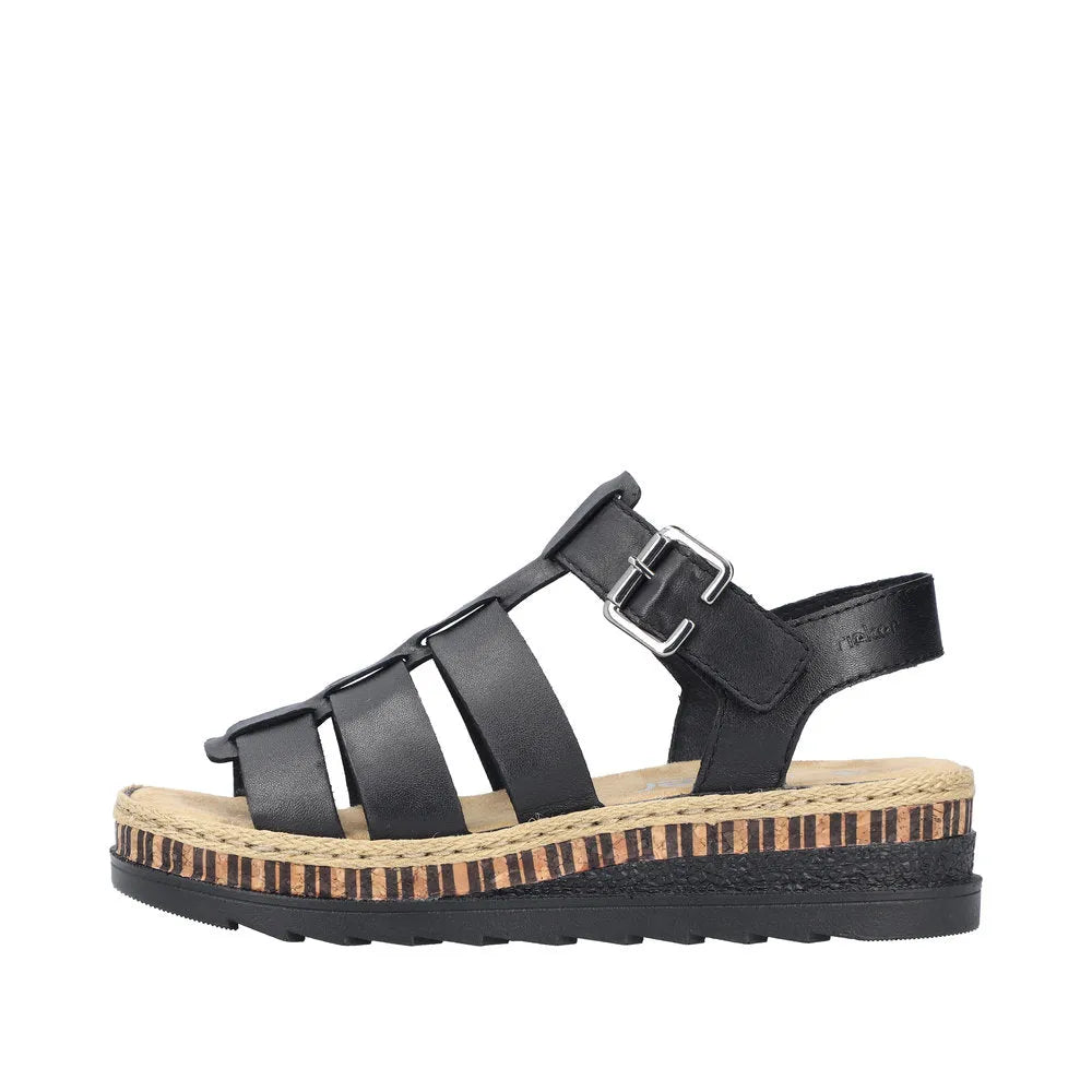 Rieker V7904-00 women's black leather touch-fastening sandals with a platform sole and striped wedge design.