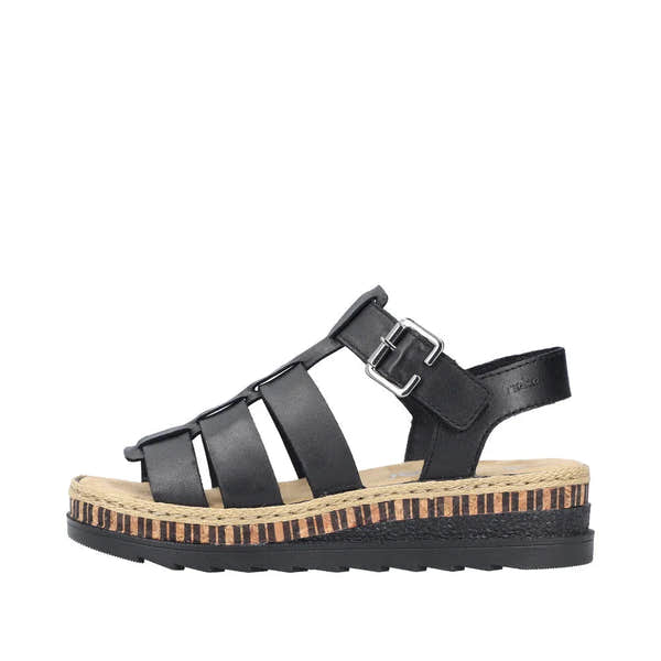 Rieker V7904-00 women's black leather touch-fastening sandals with a platform sole and striped wedge design.