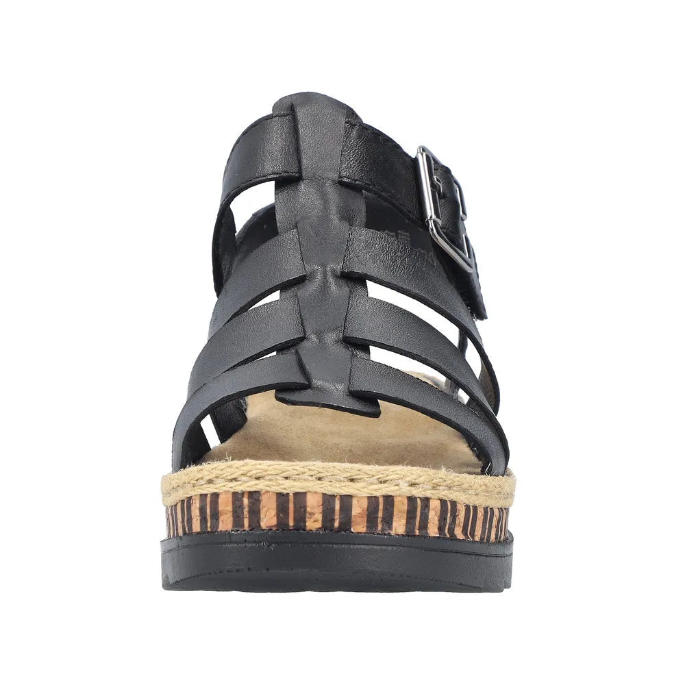 Rieker V7904-00 women's black leather sandals with touch-fastening straps and a wedge sole.