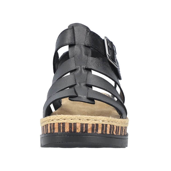 Rieker V7904-00 women's black leather sandals with touch-fastening straps and a wedge sole.