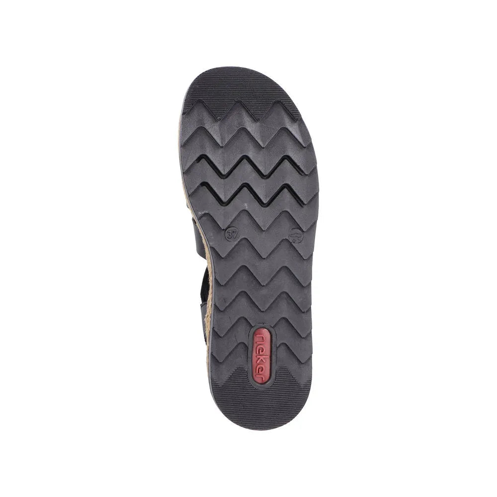 Rieker V7904-00 women's black leather touch fastening sandals with zigzag rubber sole and comfortable design.