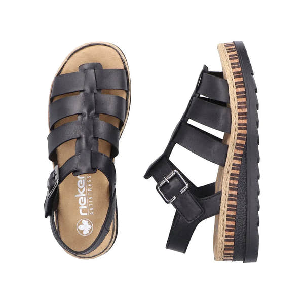 Rieker V7904-00 women's black leather touch fastening sandals with strappy design and cushioned beige insoles.
