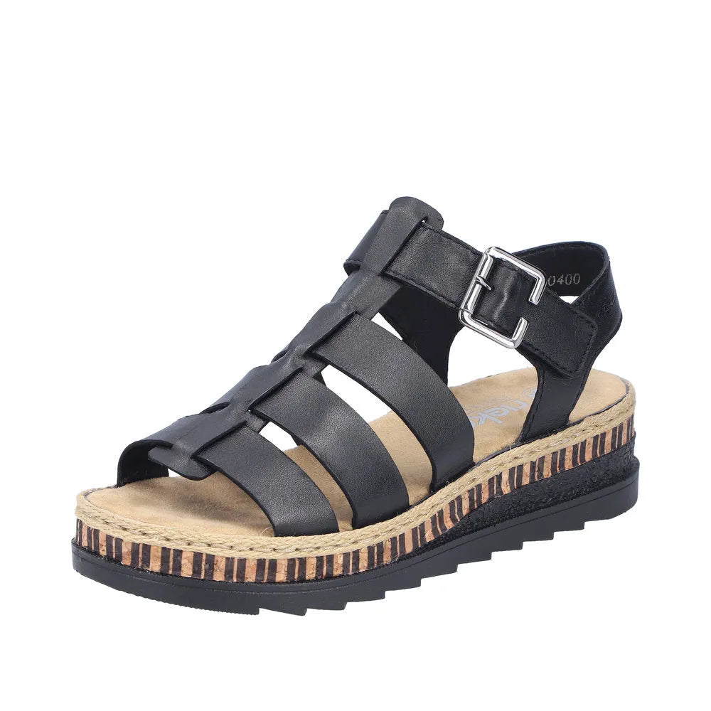 Rieker V7904-00 Ladies Black Leather Touch Fastening Sandals with cushioned insole and striped rubber sole.