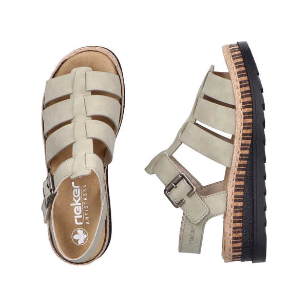 Rieker V7904-52 Ladies Green Leather Touch Fastening Sandals with chunky sole and strap buckle detail.