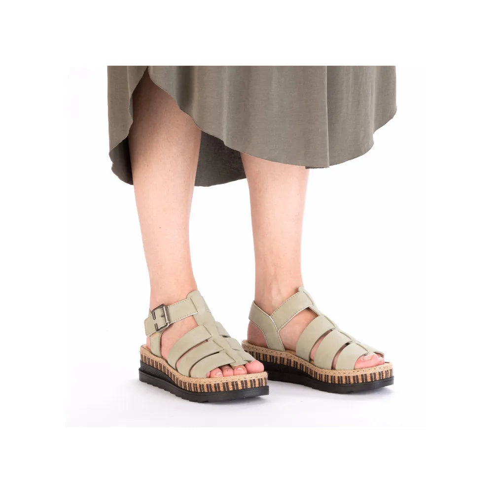 Rieker V7904-52 women's green leather touch fastening sandals with chunky sole and strappy design.