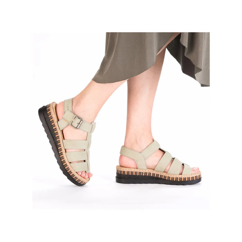 Rieker V7904-52 women's green leather touch-fastening sandals with chunky striped rubber sole and open-toe design.