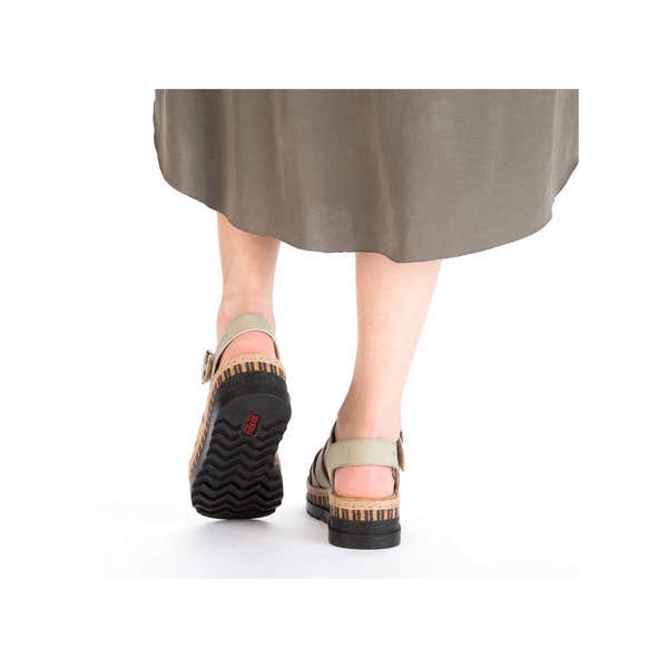 Rieker V7904-52 Ladies Green Leather Touch Fastening Sandals with cork sole and rubber outsole.