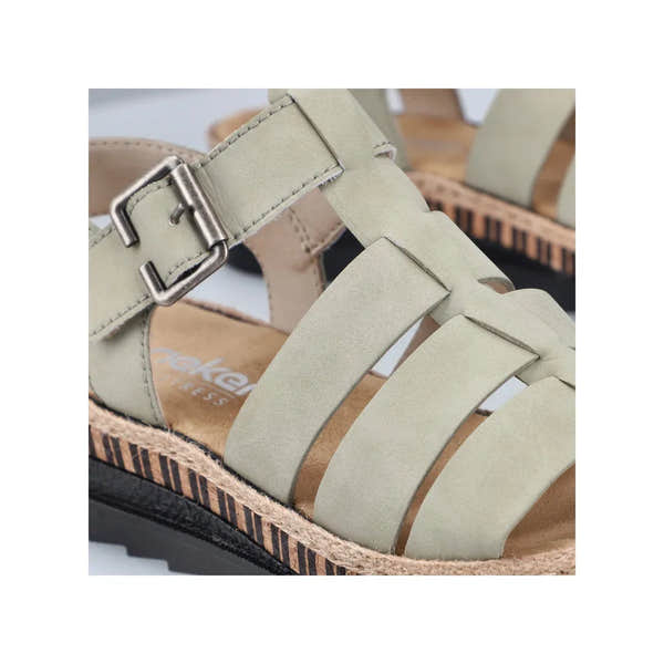 Rieker V7904-52 Ladies Green Leather Touch Fastening Sandals with adjustable strap and woven wedge sole.