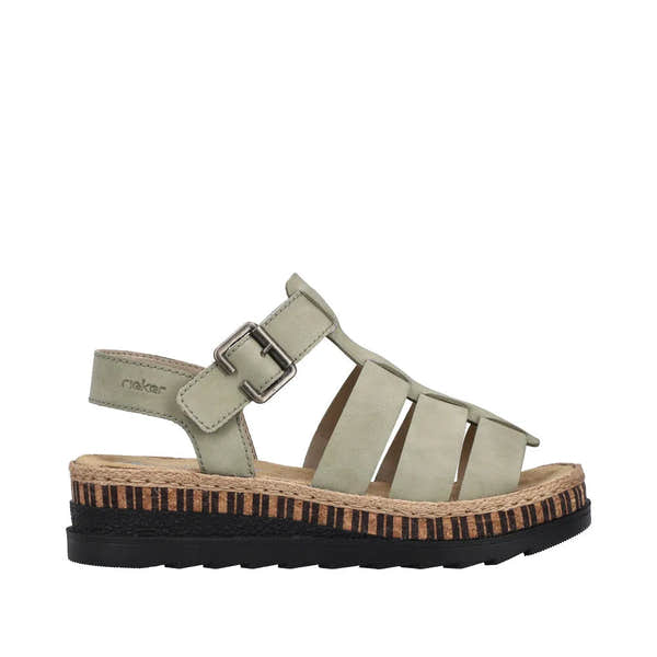 Rieker V7904-52 ladies' green leather touch-fastening sandals with strappy design and cushioned sole.
