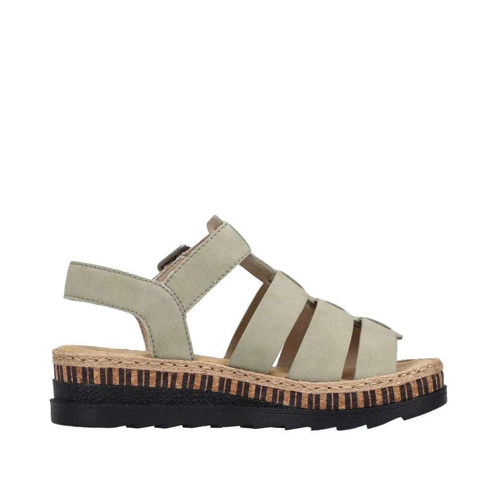 Rieker V7904-52 ladies green leather touch fastening sandals with cushioned sole and wedge heel.
