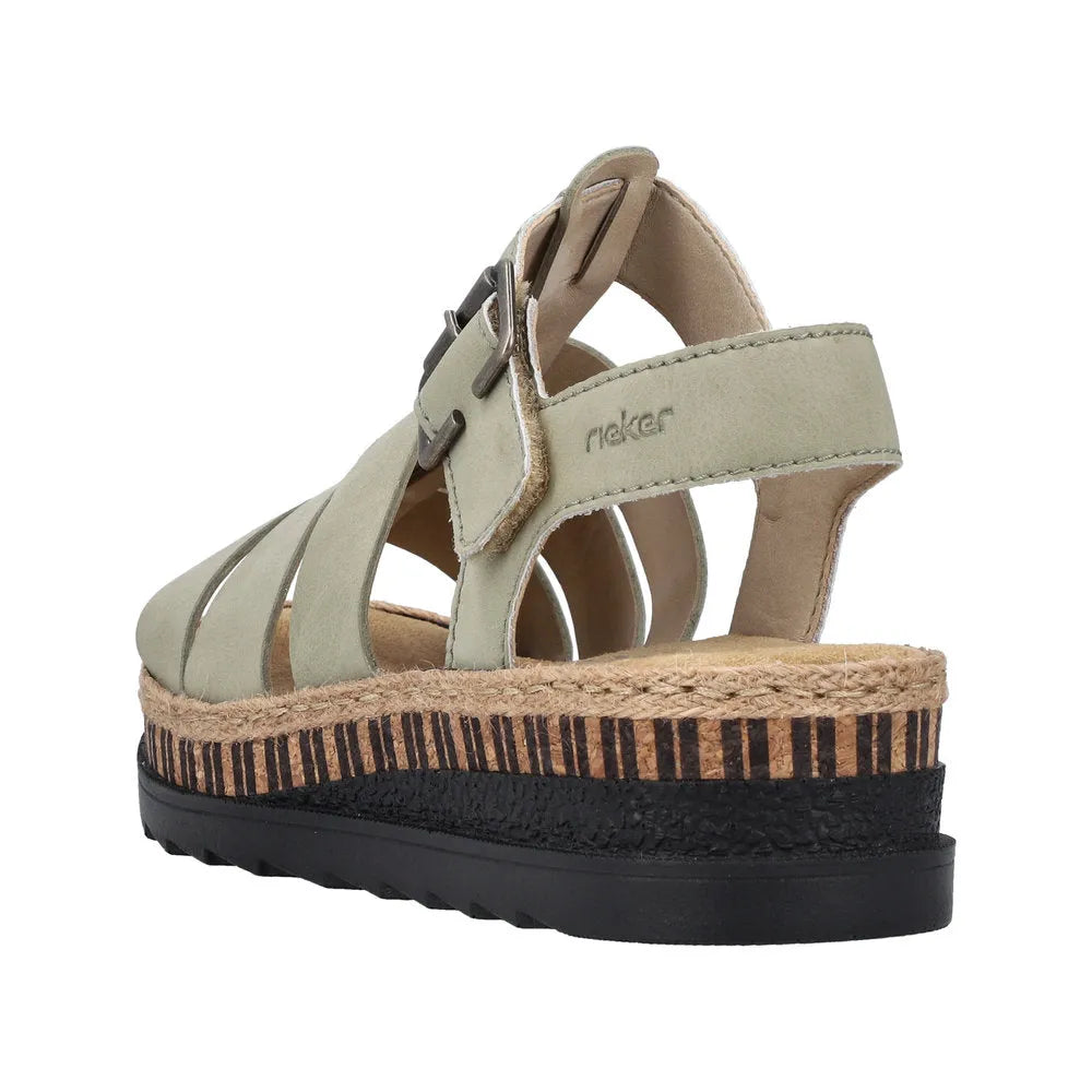 Rieker V7904-52 women's green leather touch fastening platform sandals with wedge sole and adjustable strap.