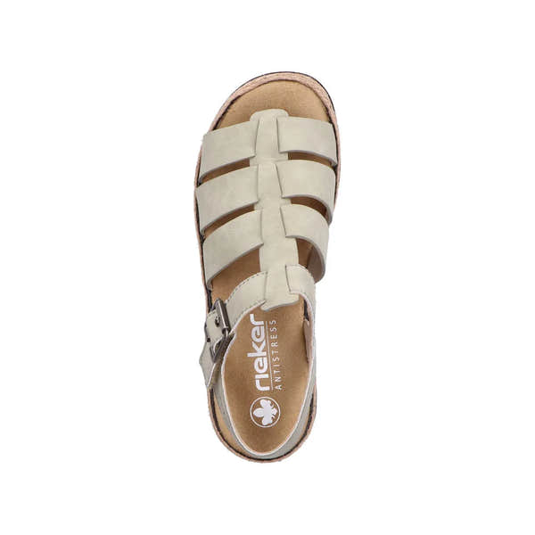 Rieker V7904-52 ladies green leather touch-fastening sandals with multiple straps and cushioned insole.