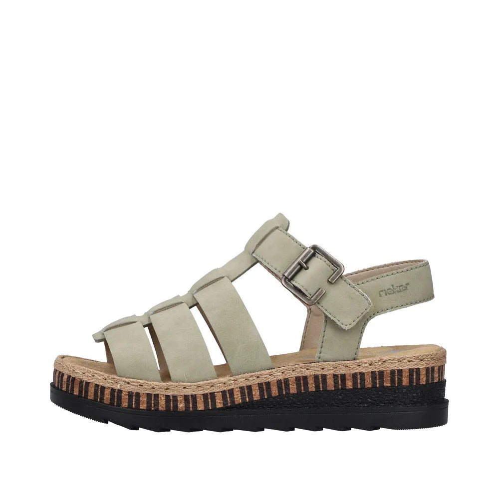 Rieker V7904-52 women's green leather touch-fastening sandals with a chunky wedge sole and striped midsole.