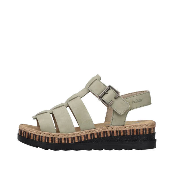 Rieker V7904-52 women's green leather touch-fastening sandals with a chunky wedge sole and striped midsole.