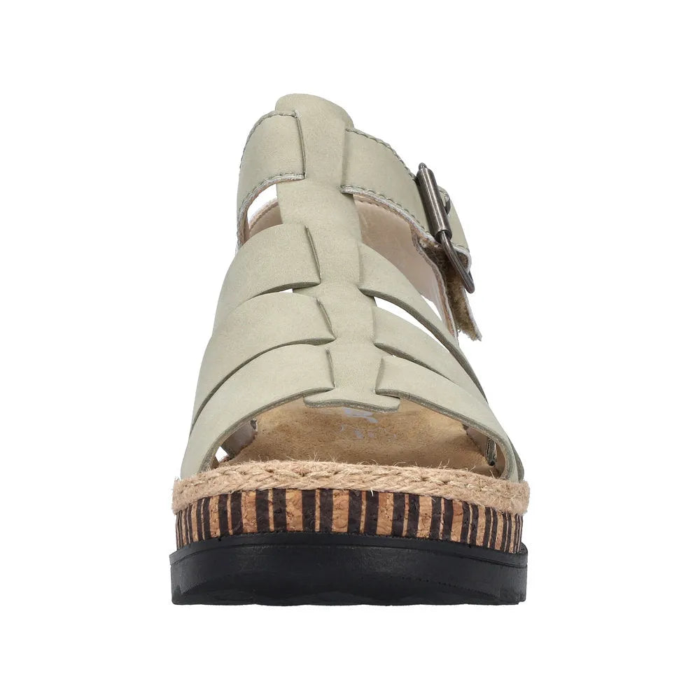 Rieker V7904-52 ladies green leather touch fastening sandals with woven espadrille-style sole and slip-on design.