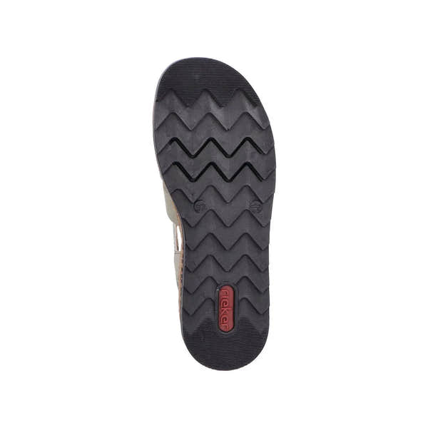 Rieker V7904-52 ladies green leather touch fastening sandals with cushioned sole and zigzag tread pattern.