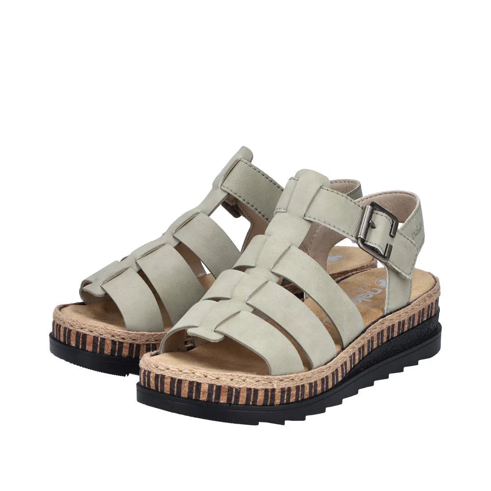 Rieker V7904-52 women's green leather sandals with touch fastenings, cushioned footbed, and striped wedge sole.