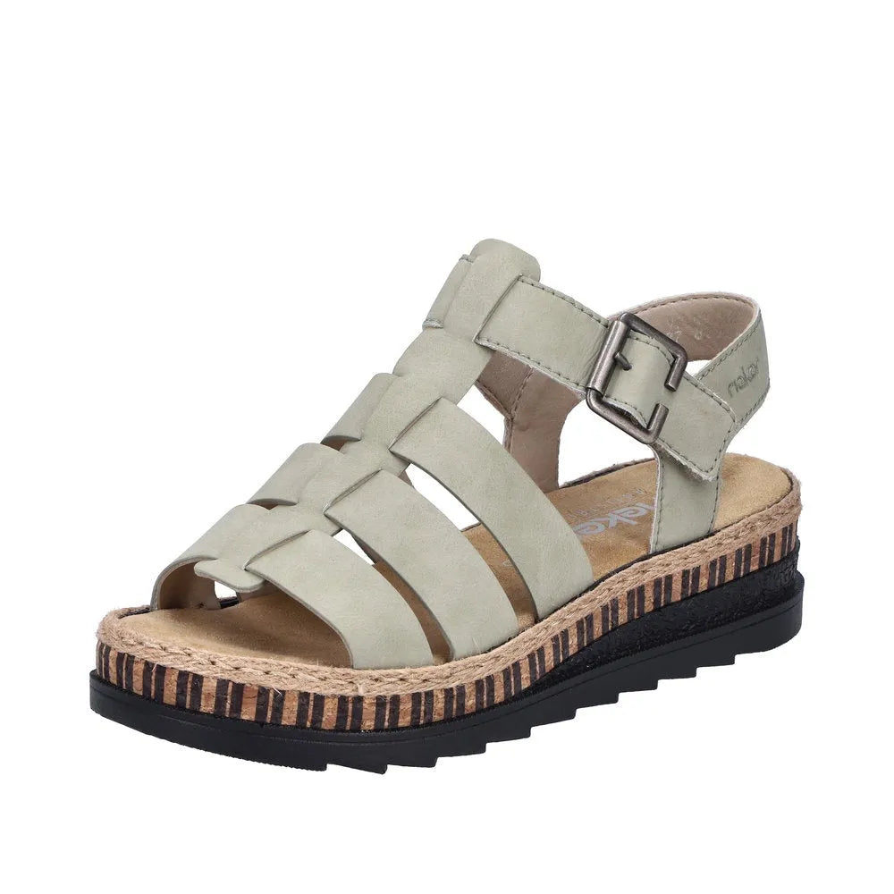 Rieker V7904-52 women's green leather sandals with touch-fastening straps, cushioned footbed, and chunky sole.