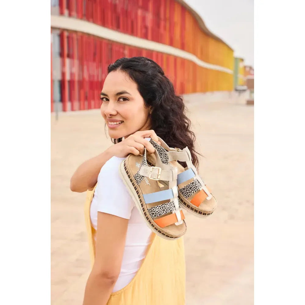 Rieker V7904-90 women's multi-color leather touch fastening sandals, casual open-toe footwear with patterned accents and adjustable straps.