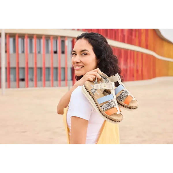 Rieker V7904-90 women's multi-color leather touch fastening sandals, casual summer footwear with beige, blue, and orange accents.