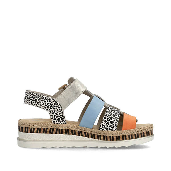 Rieker V7904-90 women's multi-color leather touch-fastening sandals with a patterned heel and cushioned sole.