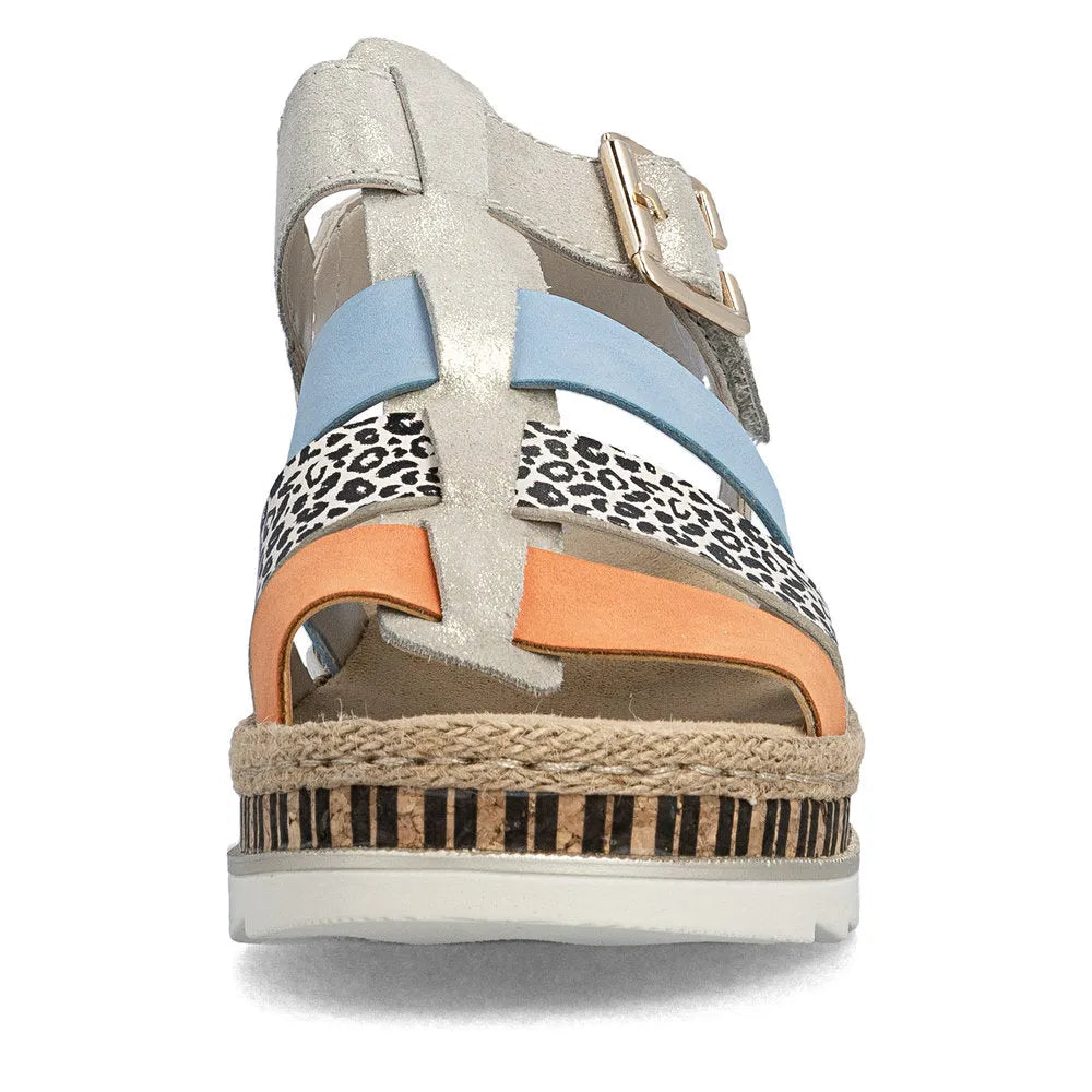Rieker V7904-90 women's multi-colored leather touch fastening sandals with leopard print, blue, orange, and silver accents.