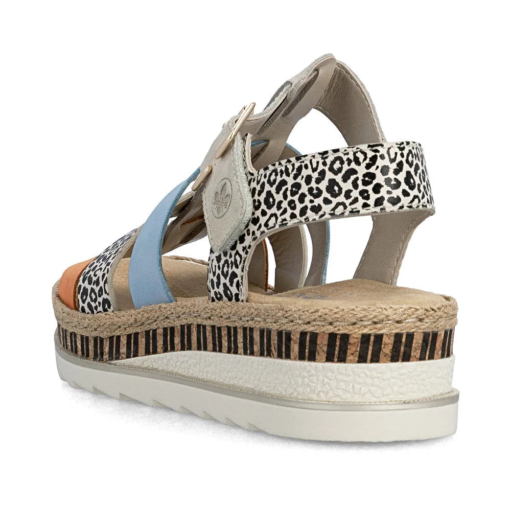 Rieker V7904-90 women's multi leather touch fastening platform sandals with leopard print and jute-wrapped wedge sole.