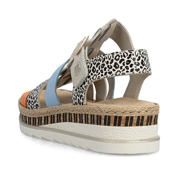 Rieker V7904-90 women's multi leather touch fastening platform sandals with leopard print and jute-wrapped wedge sole.