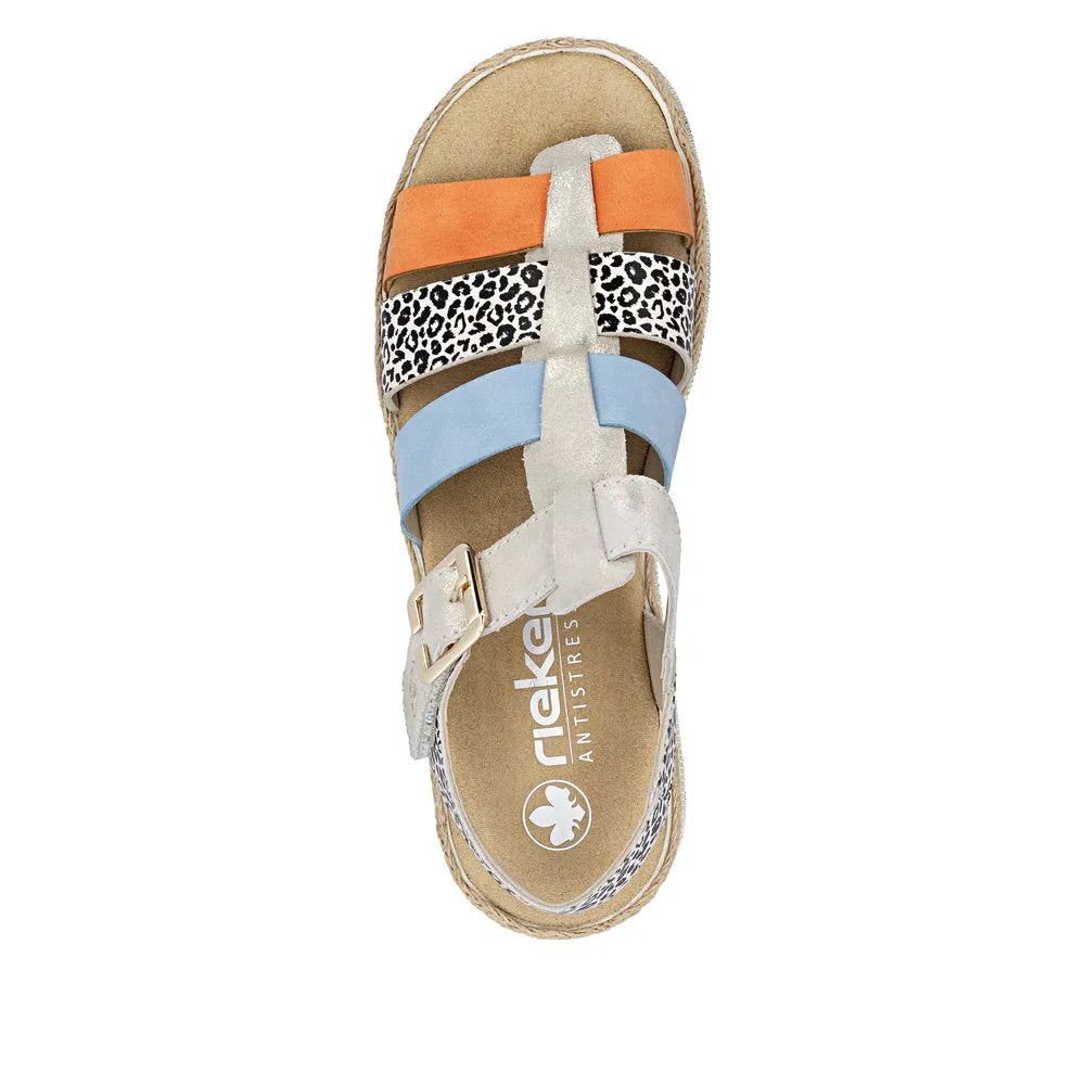 Rieker V7904-90 women's multi-colored leather touch fastening sandals with leopard print and strap design.
