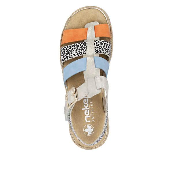 Rieker V7904-90 women's multi-colored leather touch fastening sandals with leopard print and strap design.