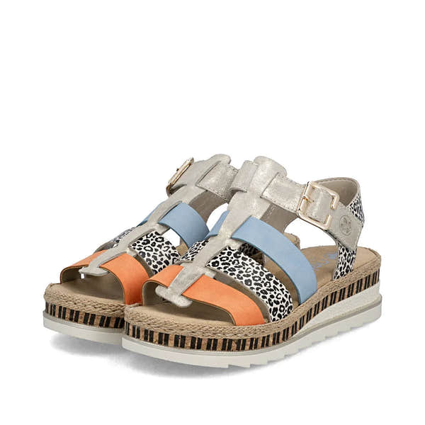 Rieker V7904-90 women's multi-color leather sandals with touch fastening straps, leopard print accents, and a cushioned jute and rubber outsole.