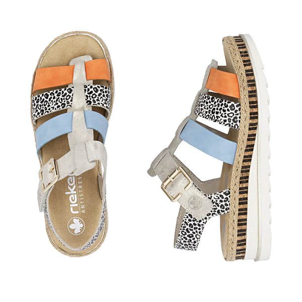 Rieker V7904-90 women's multi-color leather touch fastening sandals with animal print and striped soles.