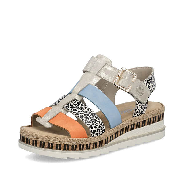 Rieker V7904-90 women's multi-color leather touch fastening wedge sandals with animal print and striped accents.