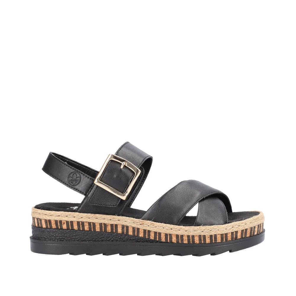 Rieker V7951-00 women's black leather touch fastening sandals with a chunky sole and buckle strap.