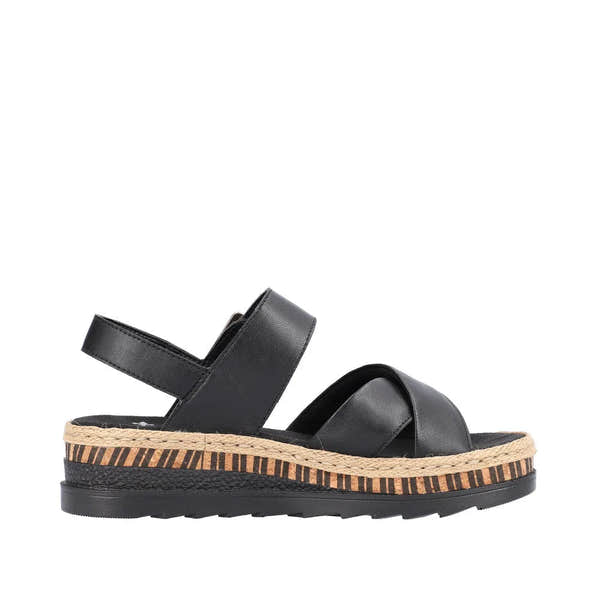 Rieker V7951-00 women's black leather touch fastening sandals with chunky sole and woven espadrille-style trim.