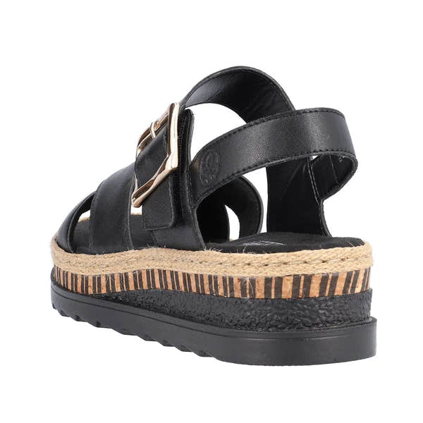 Rieker V7951-00 ladies black leather touch fastening sandals with platform sole and woven jute detail.
